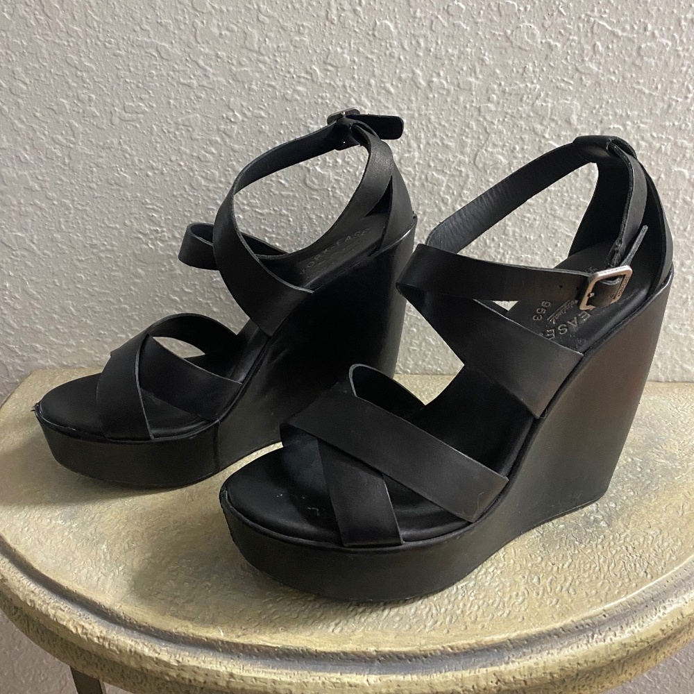 Kork-Ease Black Leather Strappy Wedges Size 9